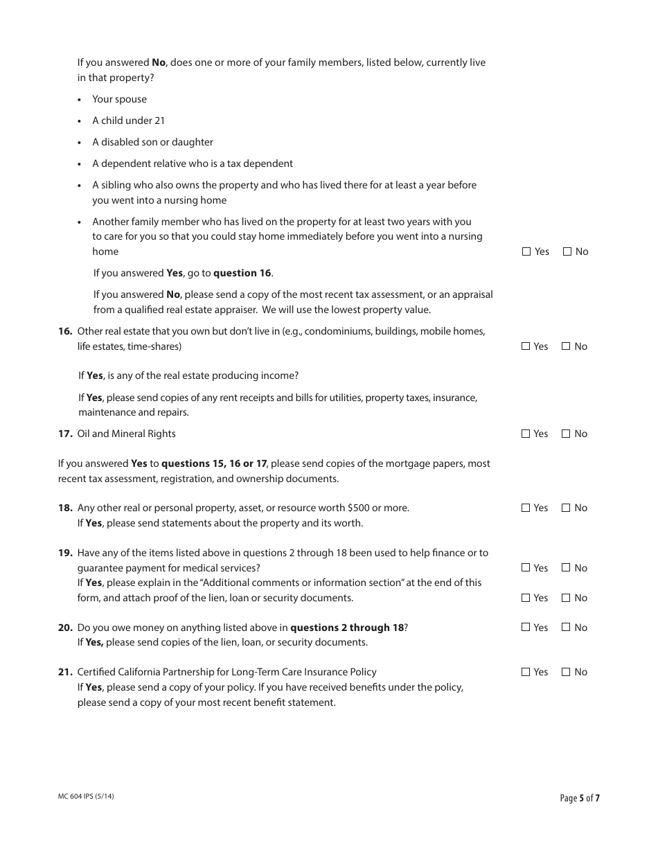 Form MC604 IPS Additional Income and Property Information Needed for Medi-Cal - California, Page 5