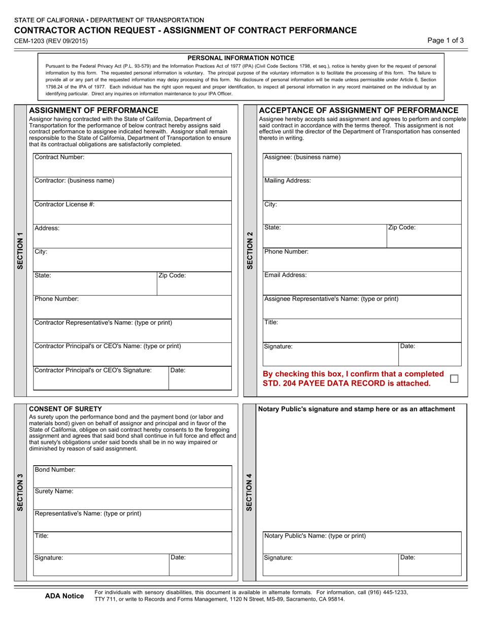 Form Cem 1203 Download Fillable Pdf Or Fill Online Contractor Action Request Assignment Of 0383