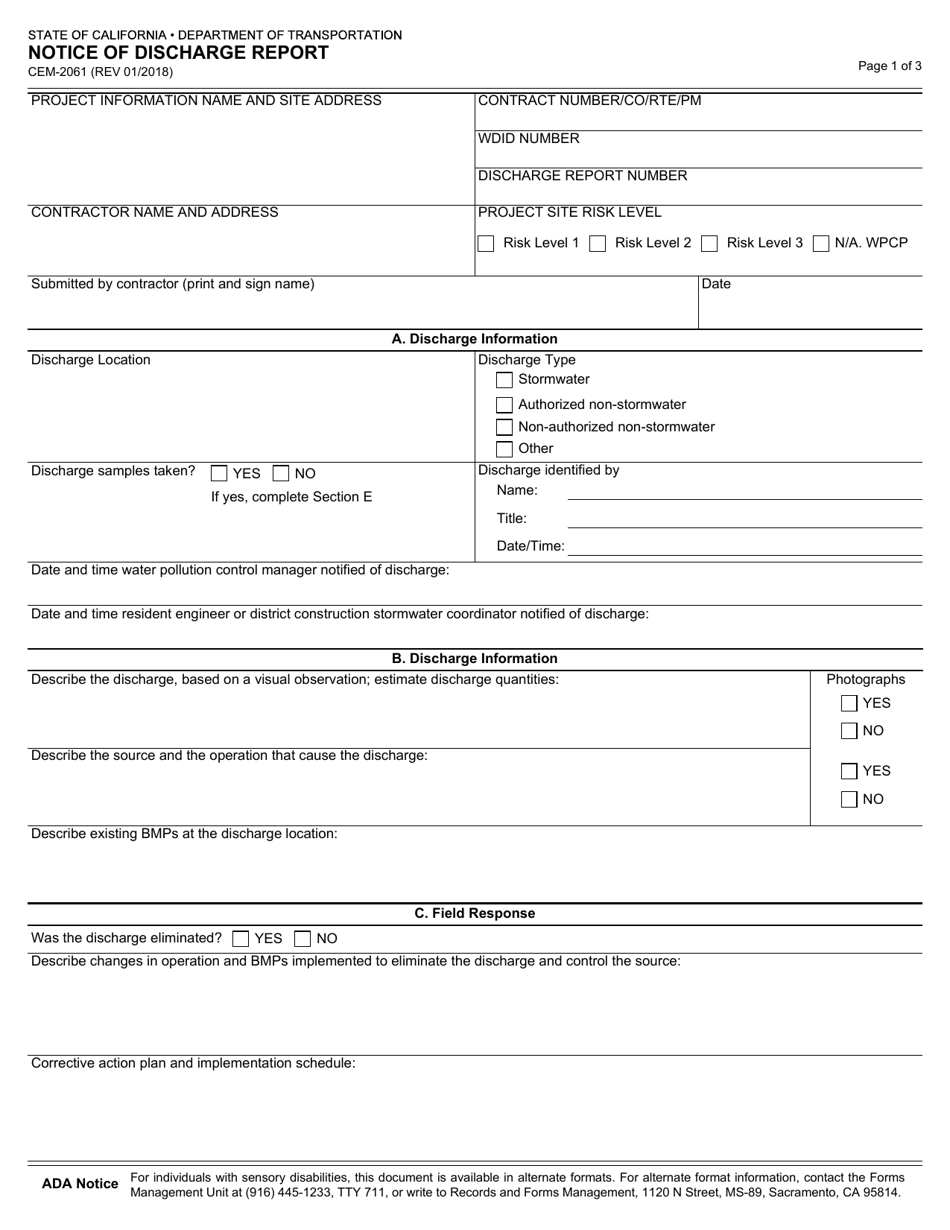 Form CEM-2061 Notice of Discharge Report - California, Page 1