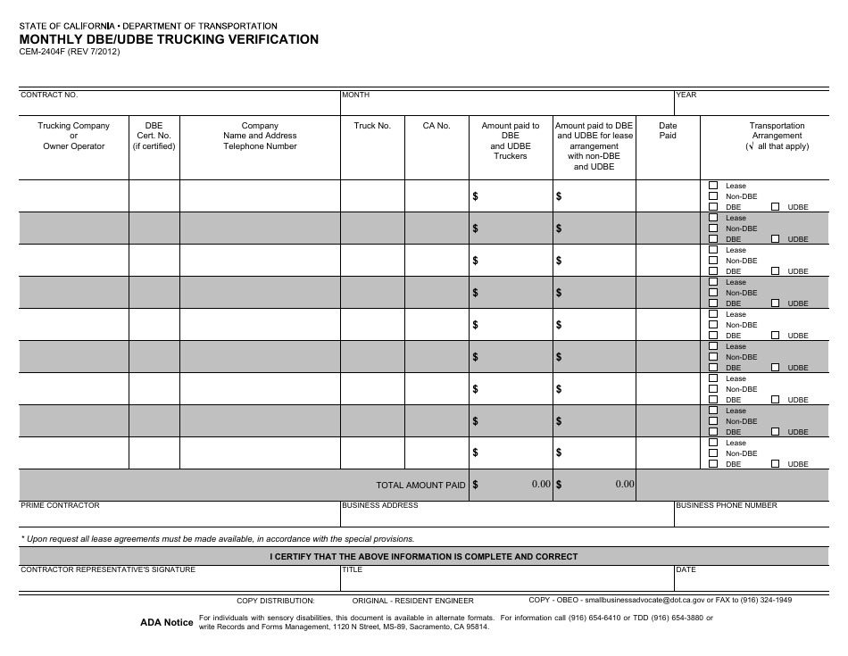 Form CEM-2404F Monthly Dbe / Udbe Trucking Verification - California, Page 1