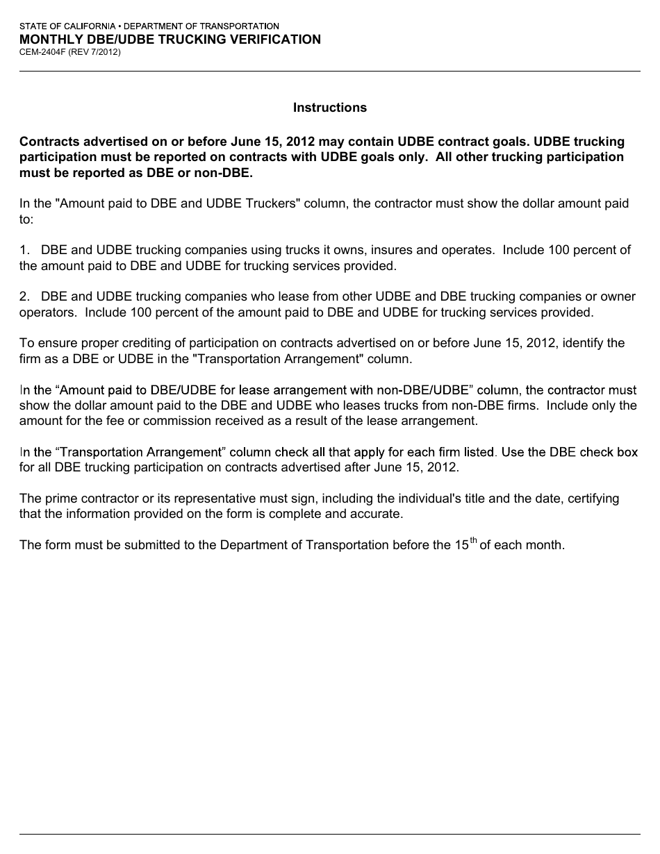 Form CEM-2404F Monthly Dbe / Udbe Trucking Verification - California, Page 2