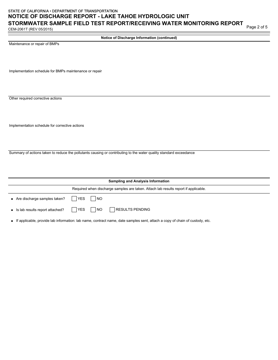 Form CEM-2061T Notice of Discharge Report - Lake Tahoe Hydrologic Unit Stormwater Sample Field Test Report / Receiving Water Monitoring Report - California, Page 2