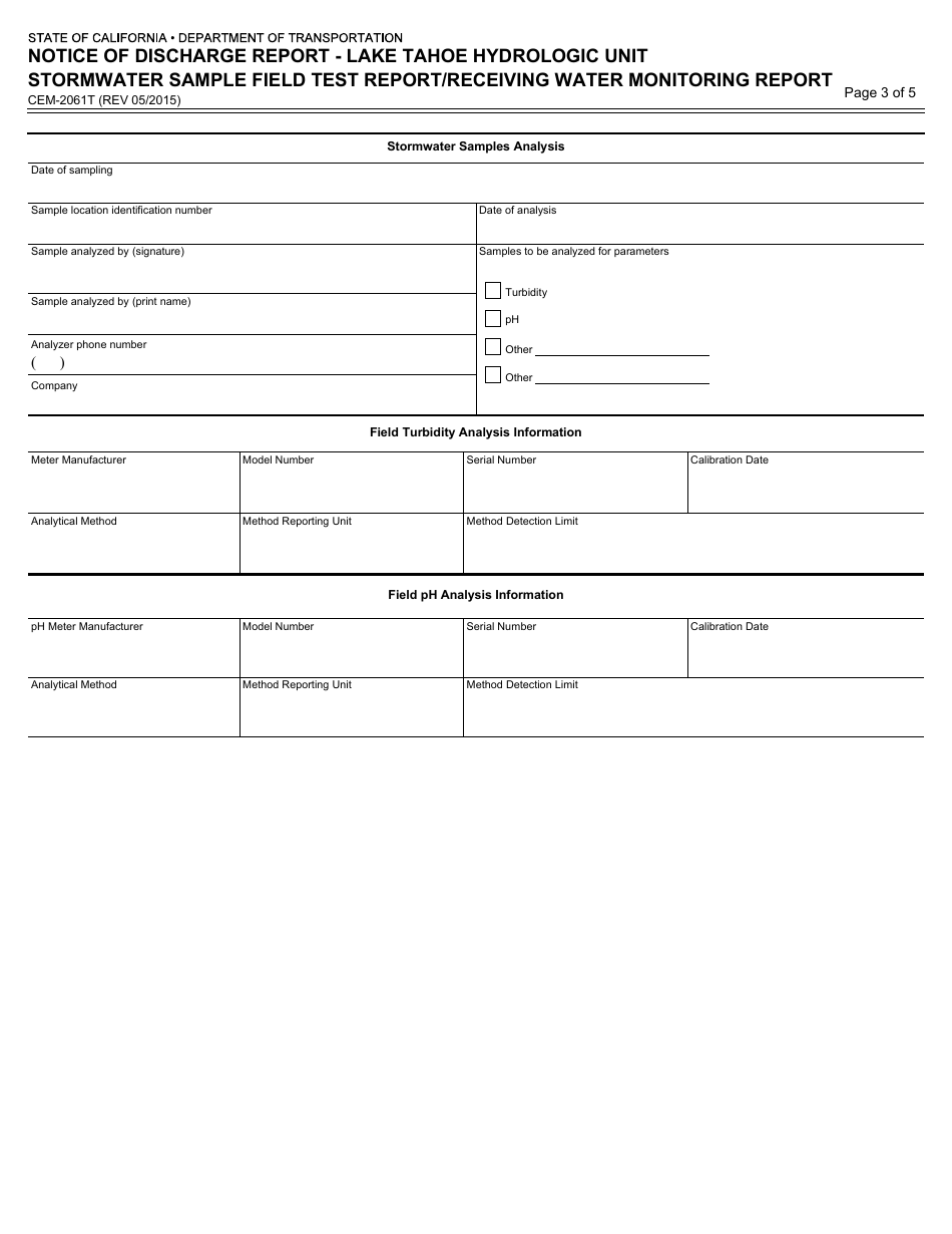 Form CEM-2061T Notice of Discharge Report - Lake Tahoe Hydrologic Unit Stormwater Sample Field Test Report / Receiving Water Monitoring Report - California, Page 3