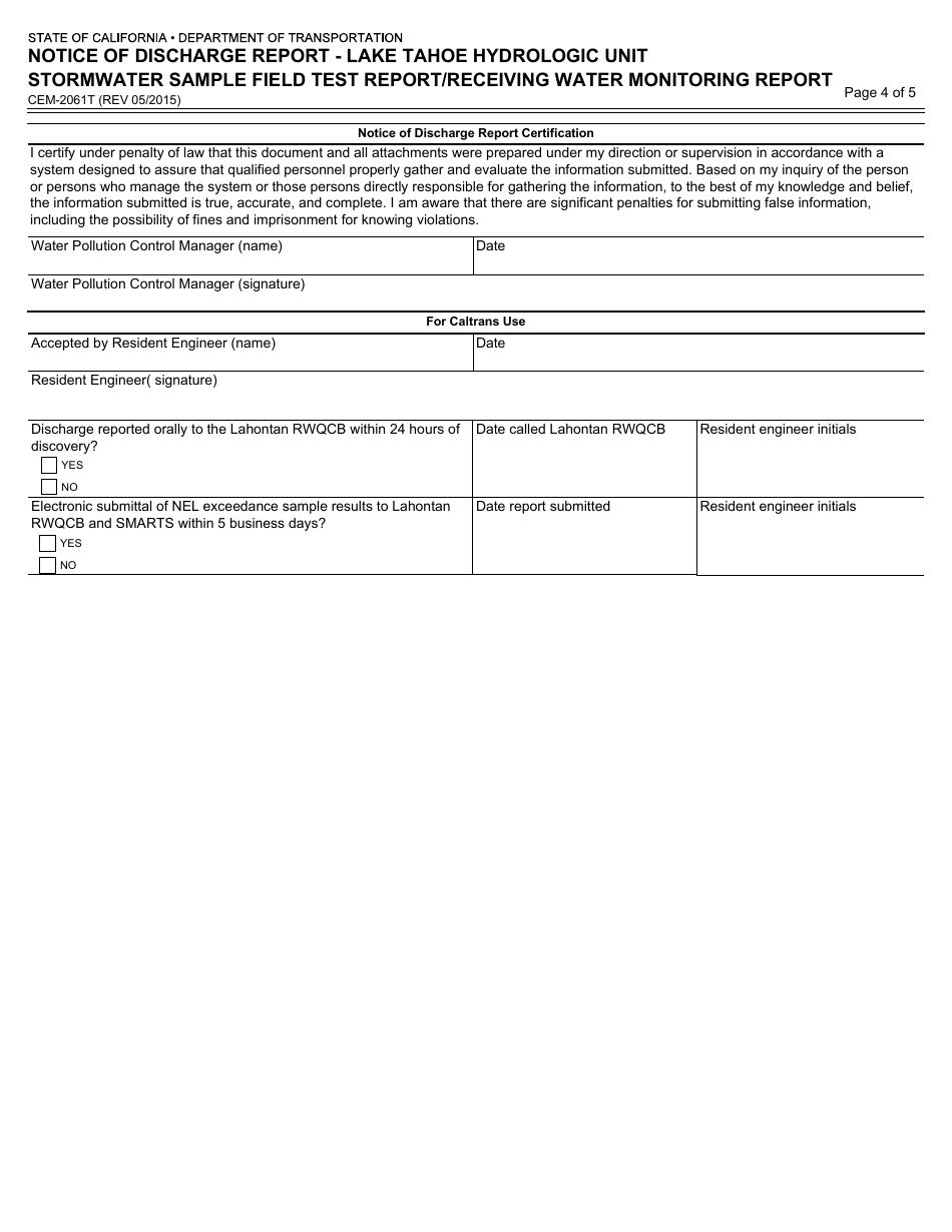 Form CEM-2061T Notice of Discharge Report - Lake Tahoe Hydrologic Unit Stormwater Sample Field Test Report / Receiving Water Monitoring Report - California, Page 4