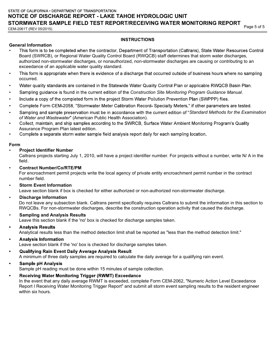 Form CEM-2061T Notice of Discharge Report - Lake Tahoe Hydrologic Unit Stormwater Sample Field Test Report / Receiving Water Monitoring Report - California, Page 5