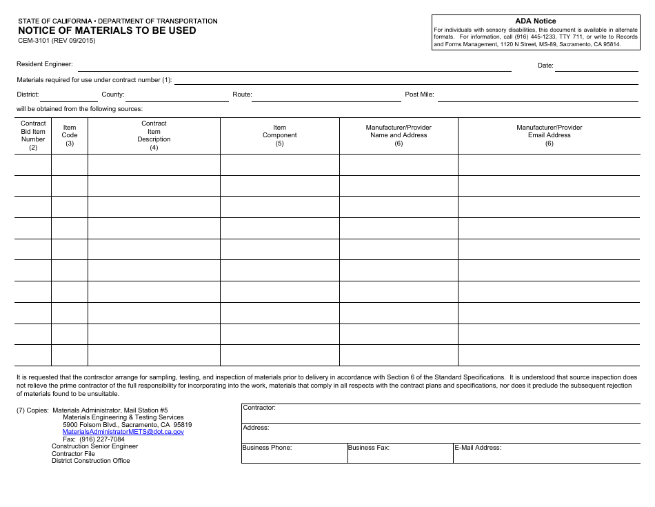 Form CEM-3101 Notice of Materials to Be Used - California, Page 1