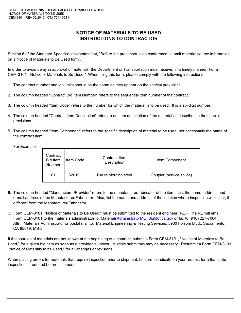 Form CEM-3101 Notice of Materials to Be Used - California, Page 2
