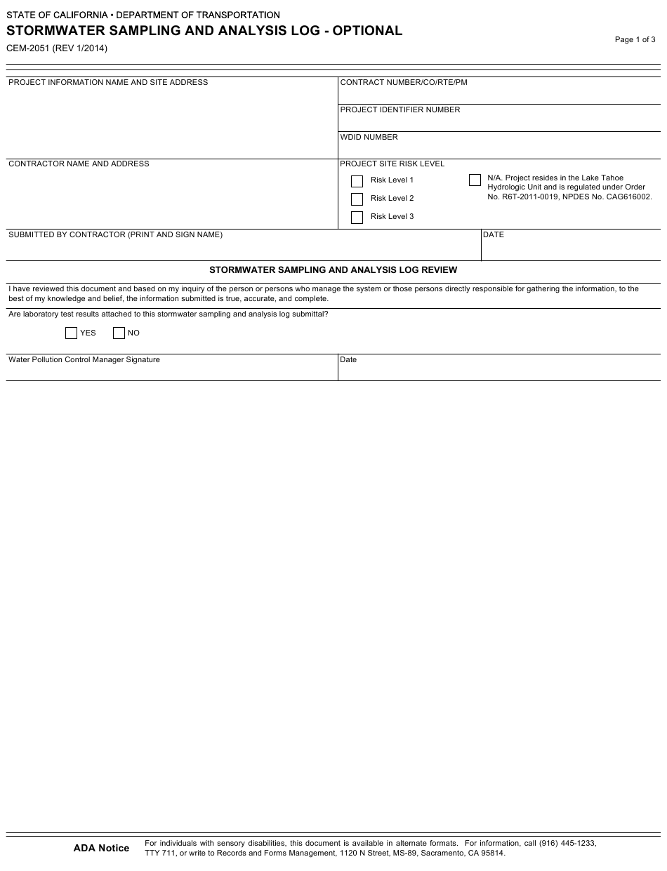 Form CEM-2051 Download Fillable PDF or Fill Online Stormwater Sampling ...