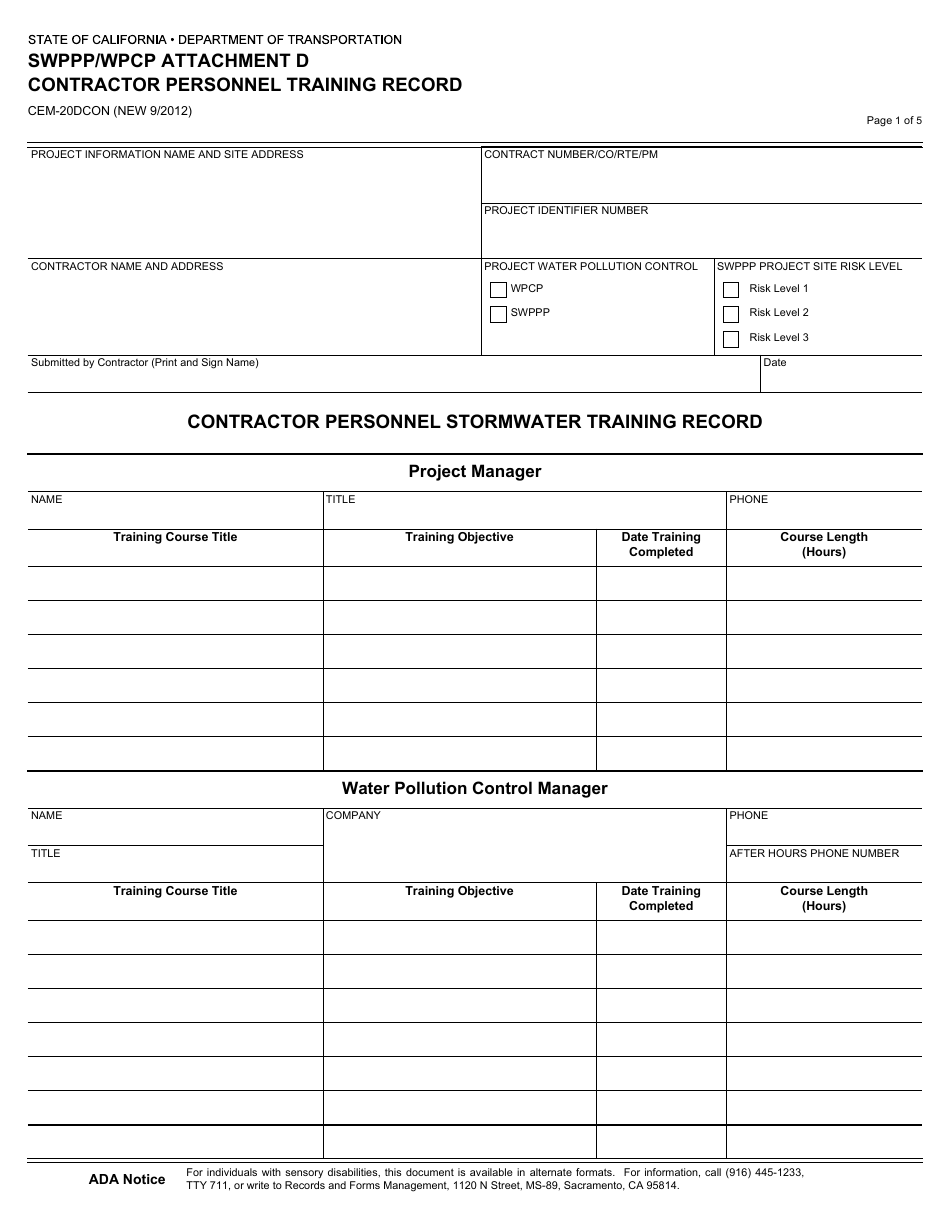 Form CEM-20DCON Swppp / Wpcp Attachment D - Contractor Personnel Training Record - California, Page 1