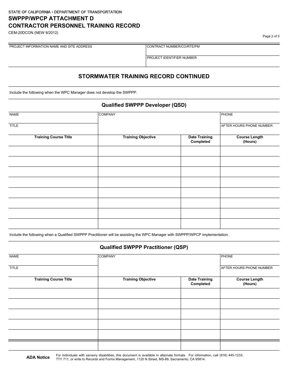 Form CEM-20DCON Swppp / Wpcp Attachment D - Contractor Personnel Training Record - California, Page 2
