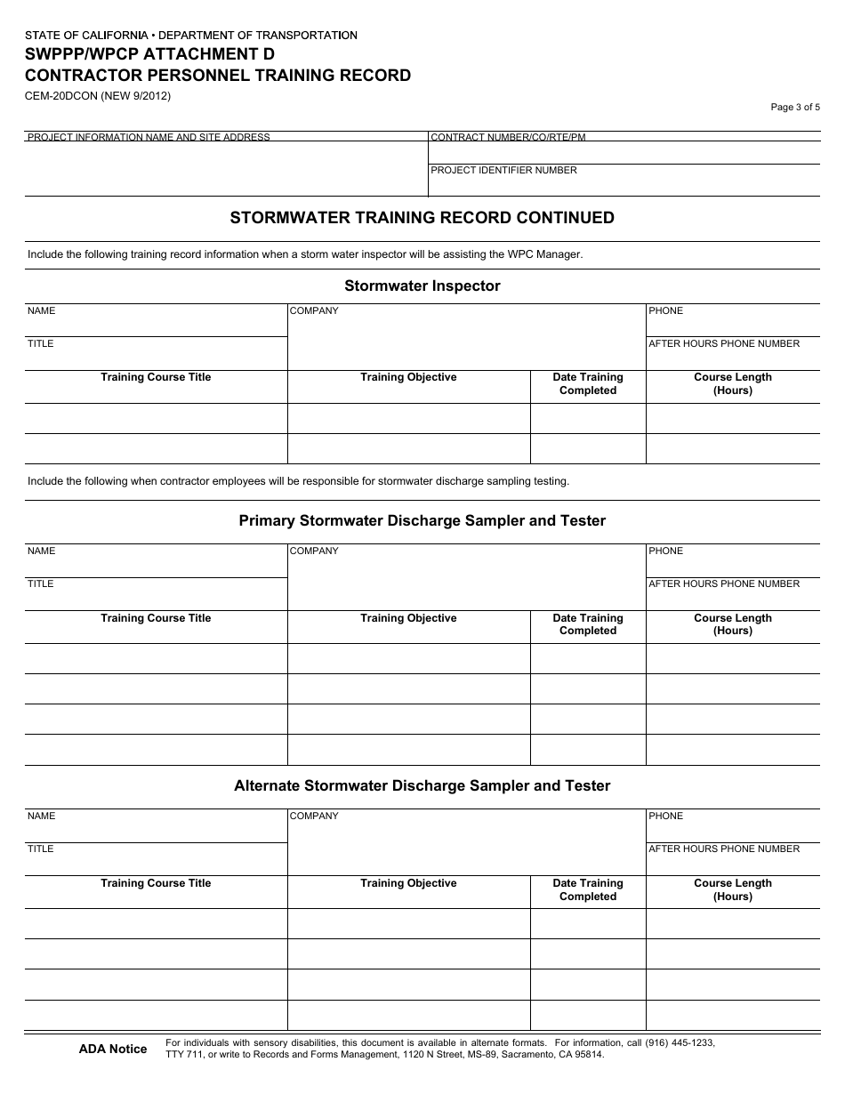 Form CEM-20DCON Swppp / Wpcp Attachment D - Contractor Personnel Training Record - California, Page 3