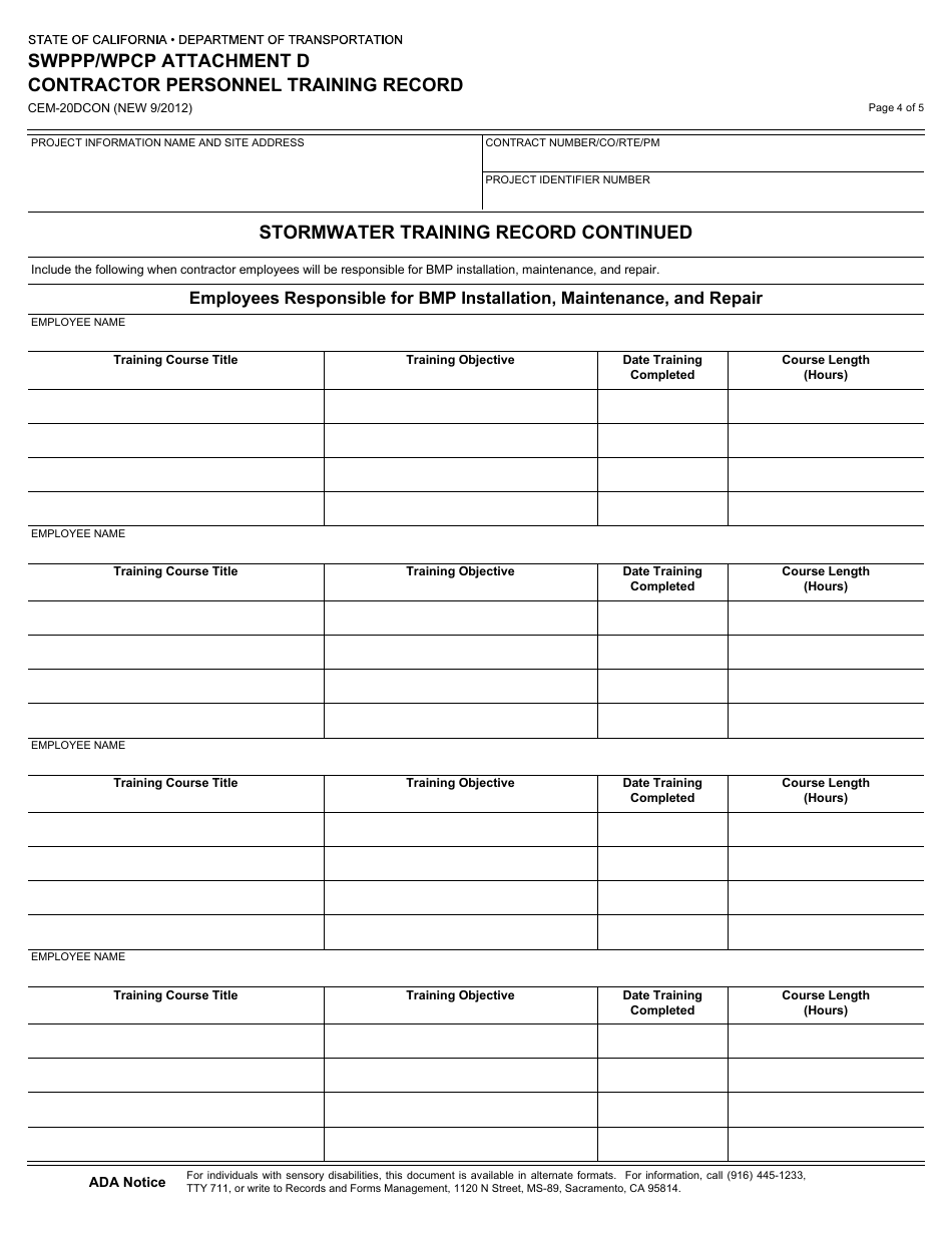 Form CEM-20DCON Swppp / Wpcp Attachment D - Contractor Personnel Training Record - California, Page 4