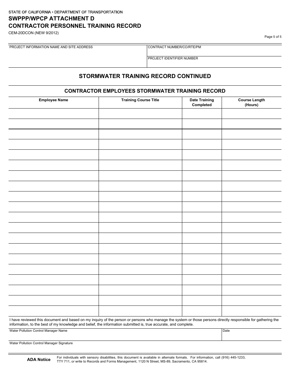 Form CEM-20DCON Swppp / Wpcp Attachment D - Contractor Personnel Training Record - California, Page 5