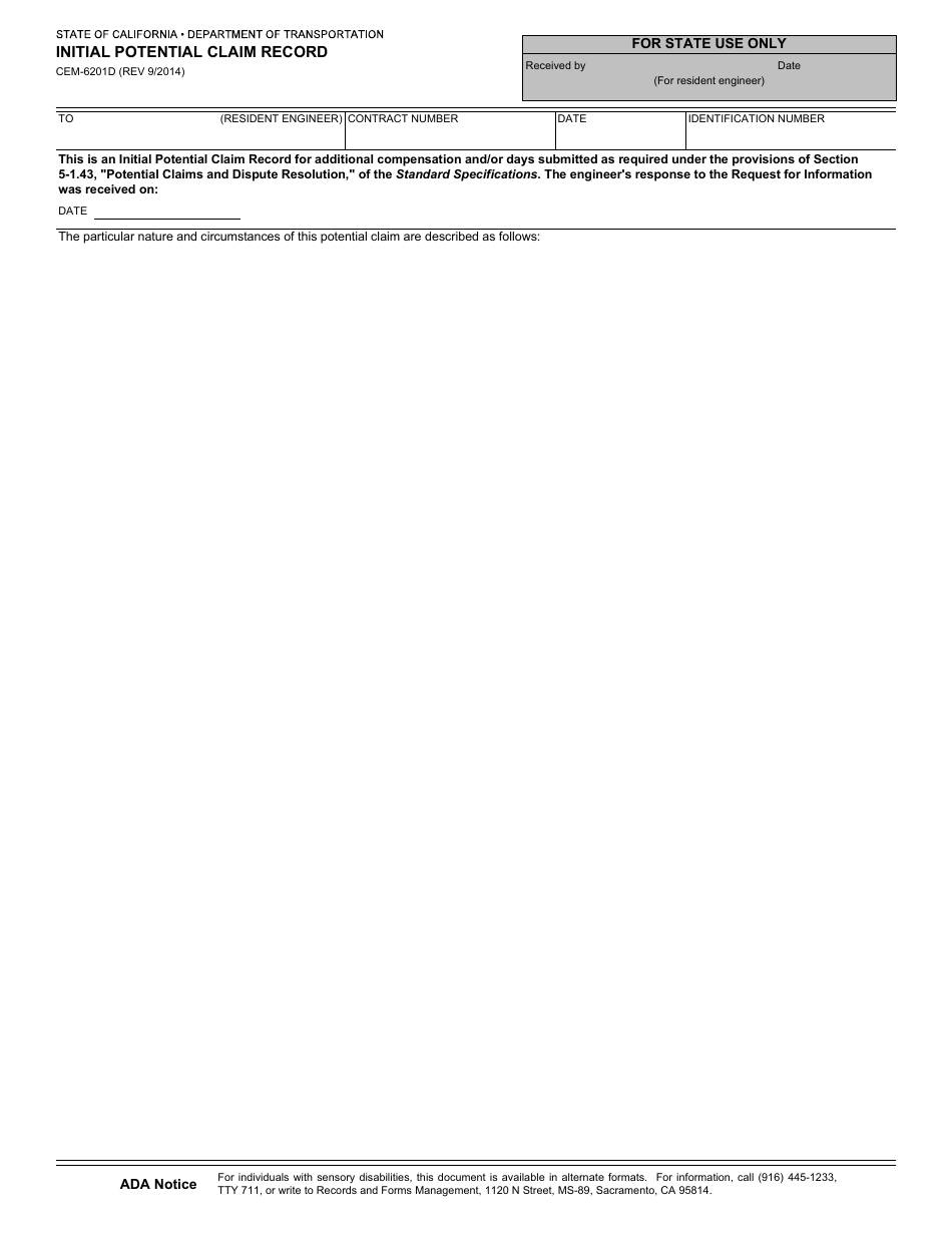 Form CEM-6201D Initial Potential Claim Record - California, Page 1