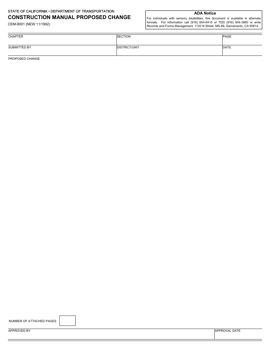 Form CEM-9001 Construction Manual Proposed Change - California, Page 1