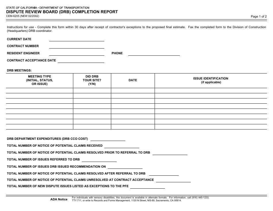 Form CEM-6205 Dispute Review Board (Drb) Completion Report - California, Page 1