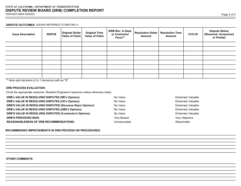 Form CEM-6205 Dispute Review Board (Drb) Completion Report - California, Page 2