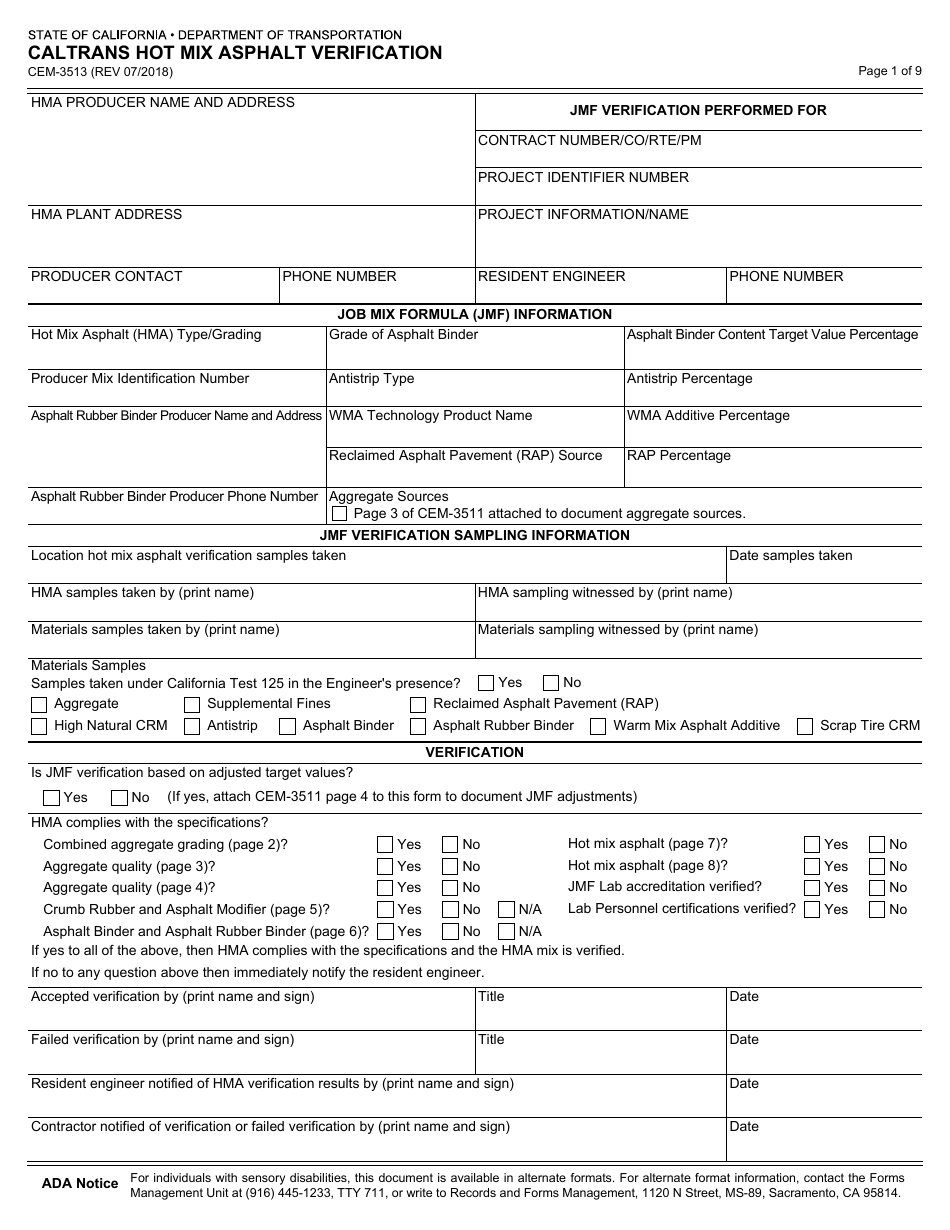 Form CEM-3513 Caltrans Hot Mix Asphalt Verification - California, Page 1
