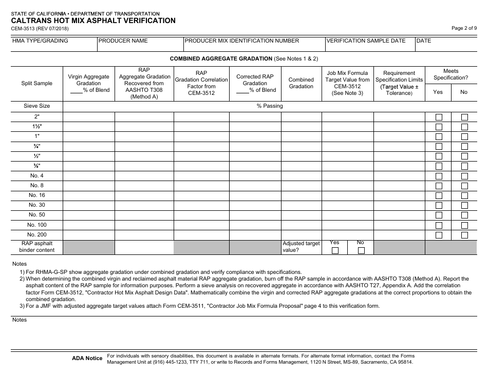 Form CEM-3513 Caltrans Hot Mix Asphalt Verification - California, Page 2