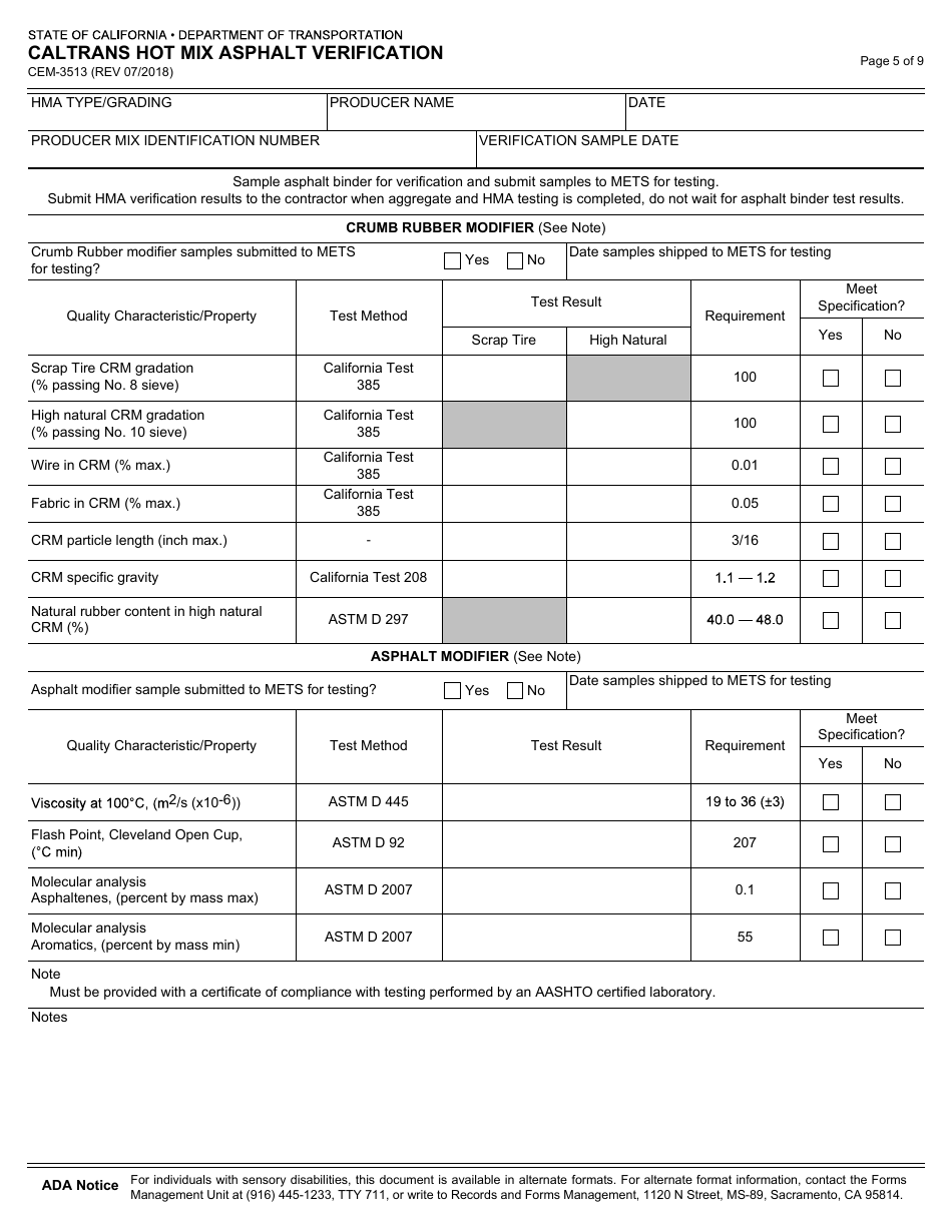 Form CEM-3513 Caltrans Hot Mix Asphalt Verification - California, Page 5