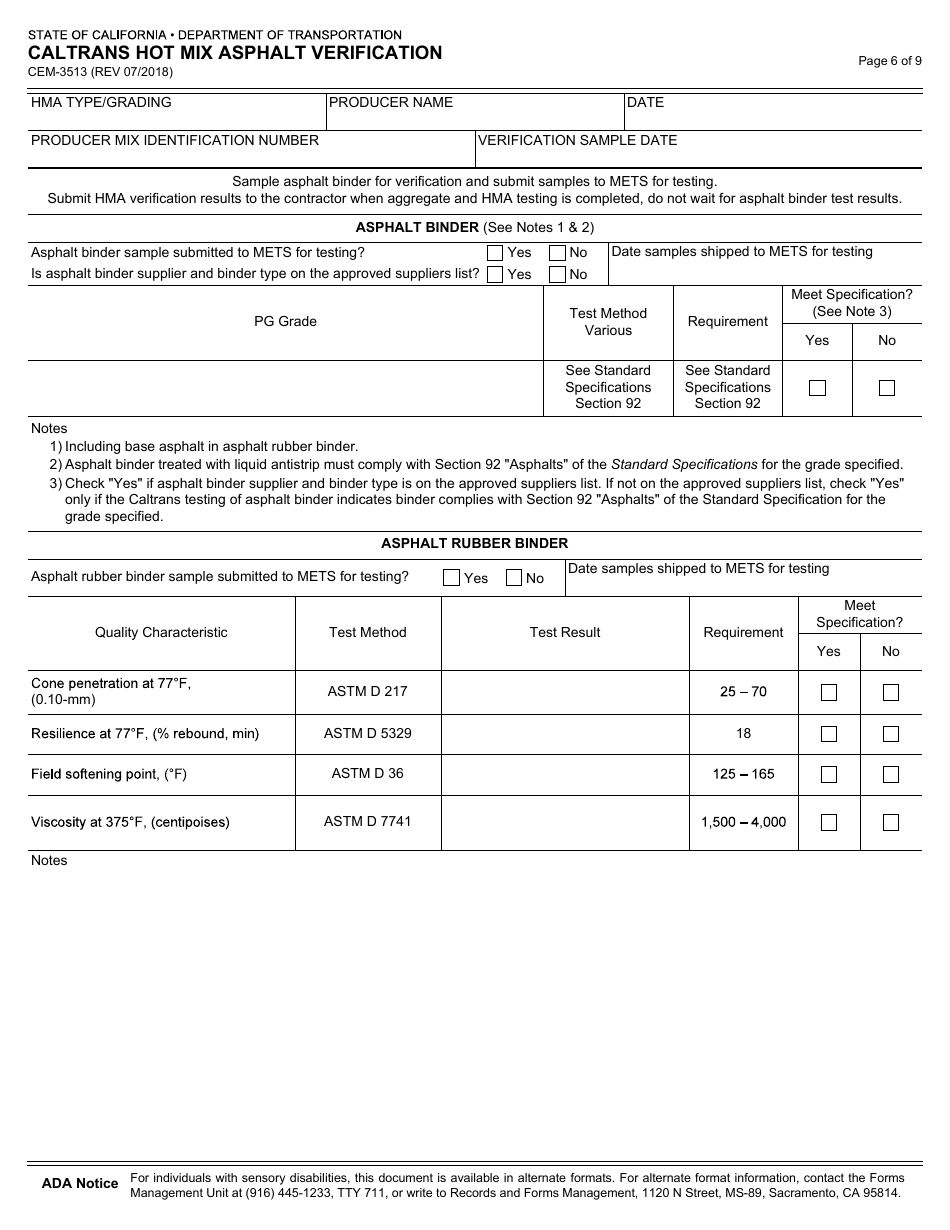 Form CEM-3513 Caltrans Hot Mix Asphalt Verification - California, Page 6