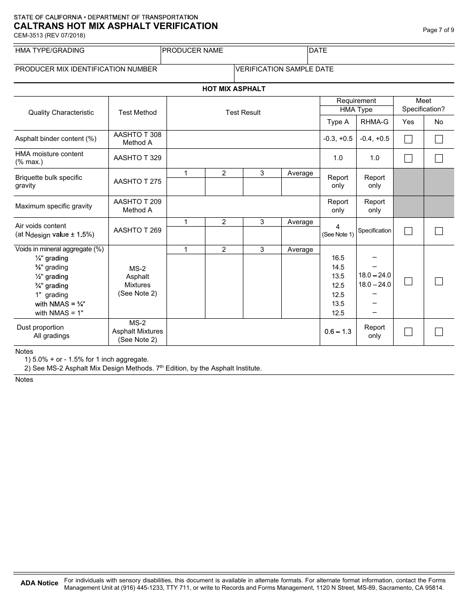 Form CEM-3513 Caltrans Hot Mix Asphalt Verification - California, Page 7