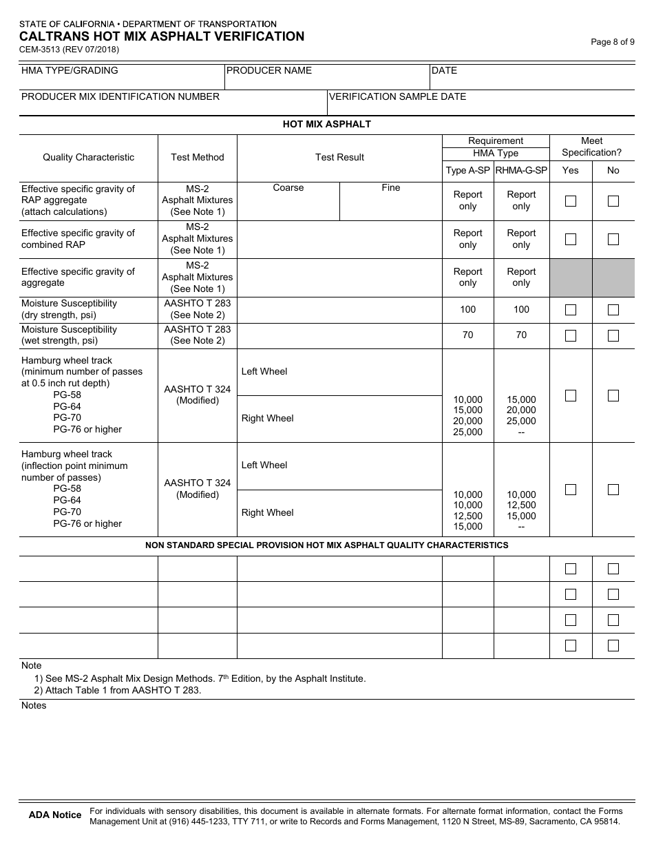 Form CEM-3513 Caltrans Hot Mix Asphalt Verification - California, Page 8