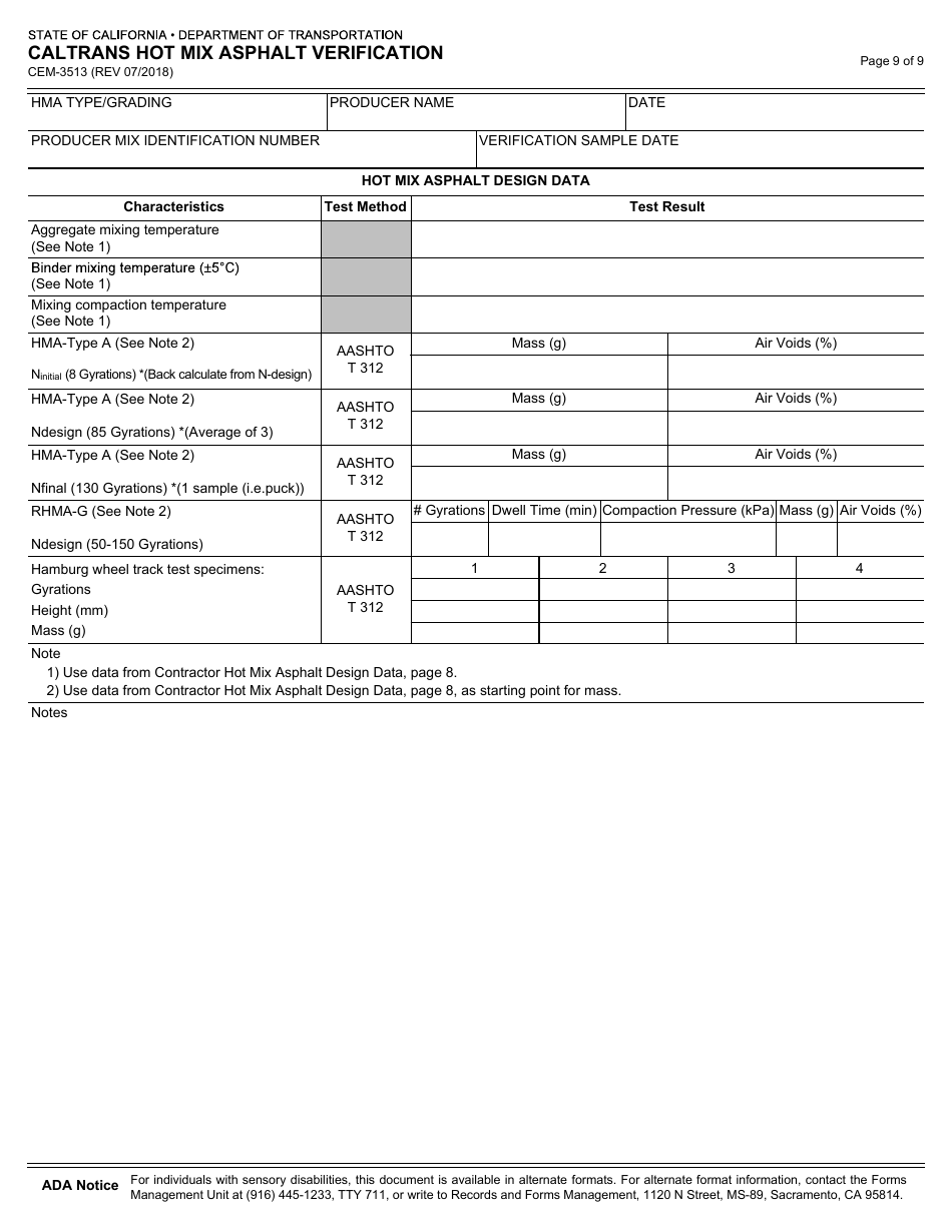 Form CEM-3513 Caltrans Hot Mix Asphalt Verification - California, Page 9