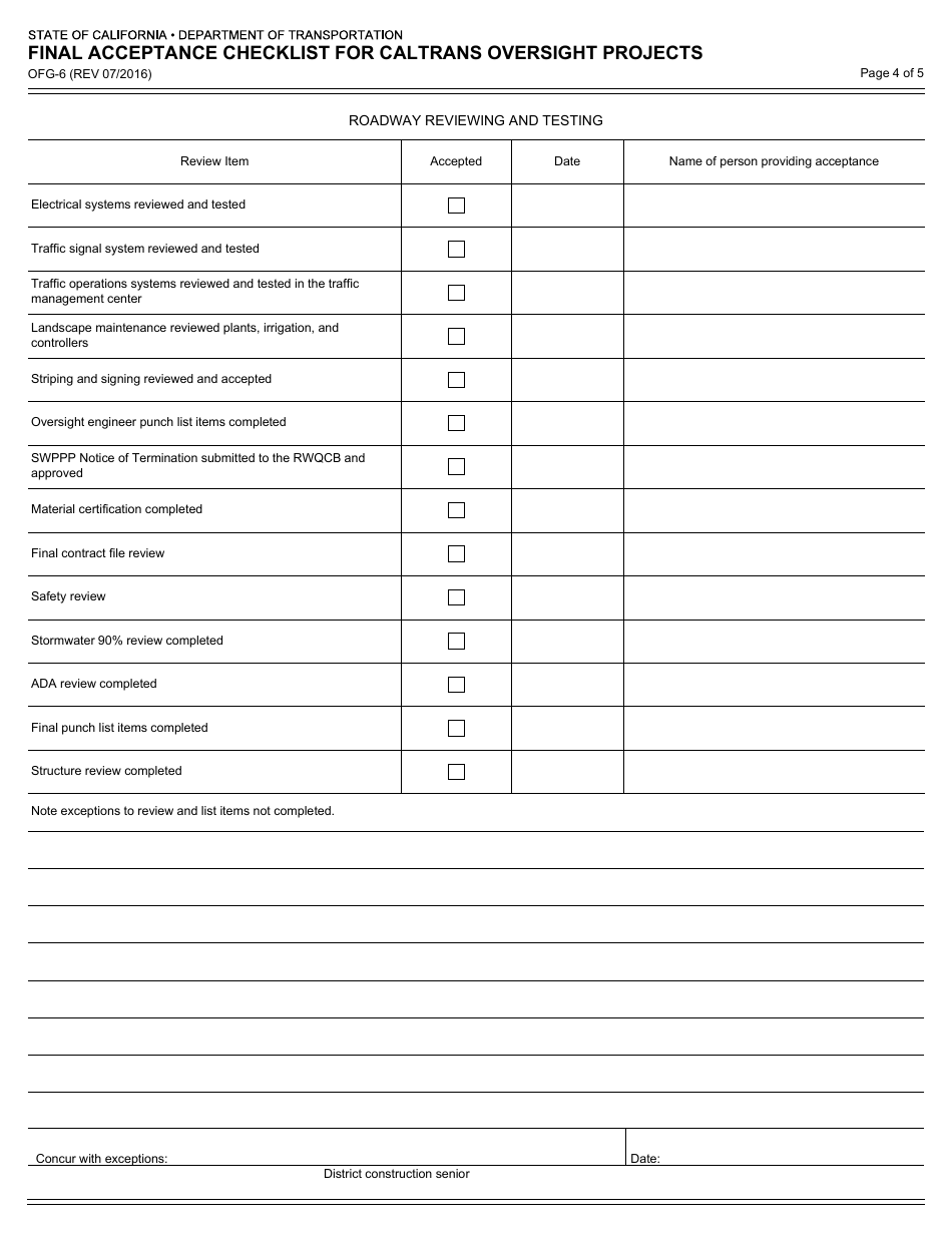 Form OFG-6 Final Acceptance Checklist for Caltrans Oversight Projects - California, Page 4