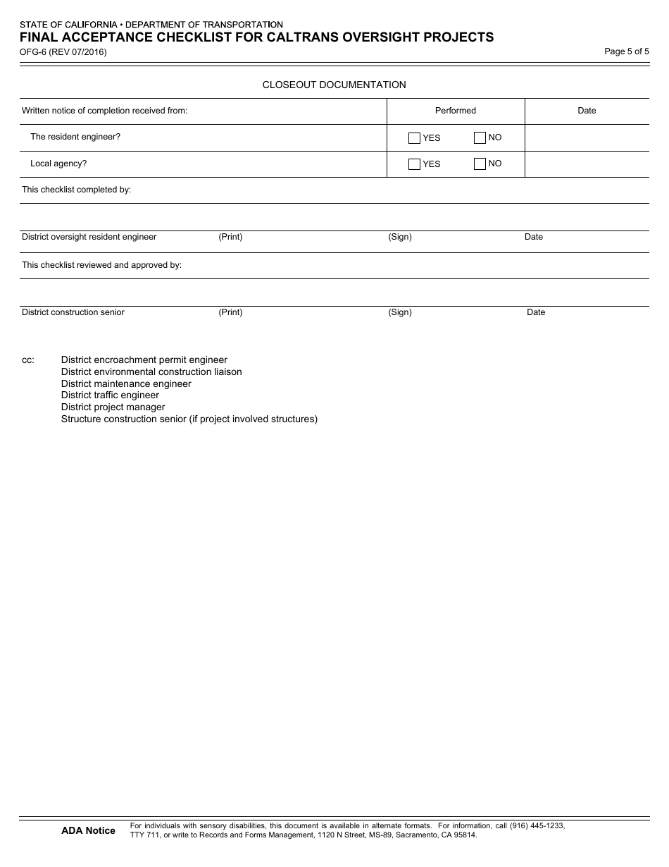Form OFG-6 Final Acceptance Checklist for Caltrans Oversight Projects - California, Page 5