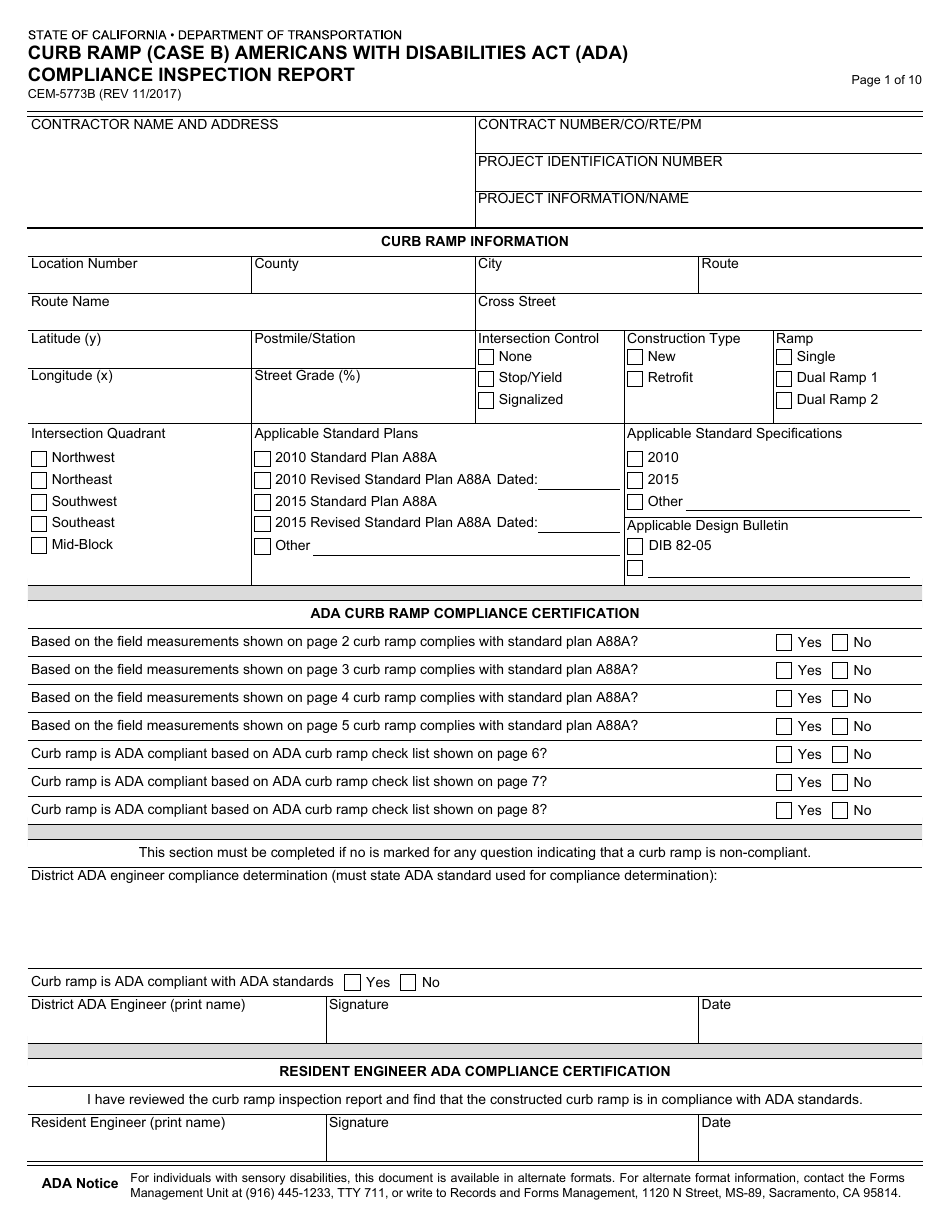 Form CEM-5773B Curb Ramp (Case B) Americans With Disabilities Act (Ada) Compliance Inspection Report - California, Page 1