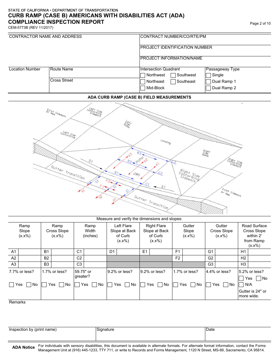 Form CEM-5773B Curb Ramp (Case B) Americans With Disabilities Act (Ada) Compliance Inspection Report - California, Page 2