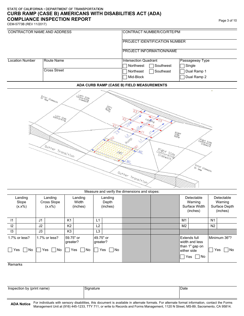 Form CEM-5773B Curb Ramp (Case B) Americans With Disabilities Act (Ada) Compliance Inspection Report - California, Page 3