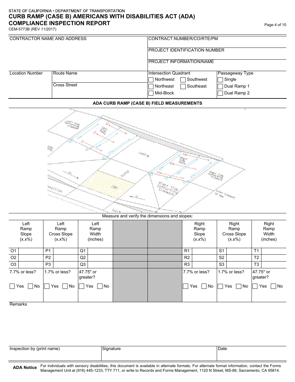 Form CEM-5773B Curb Ramp (Case B) Americans With Disabilities Act (Ada) Compliance Inspection Report - California, Page 4