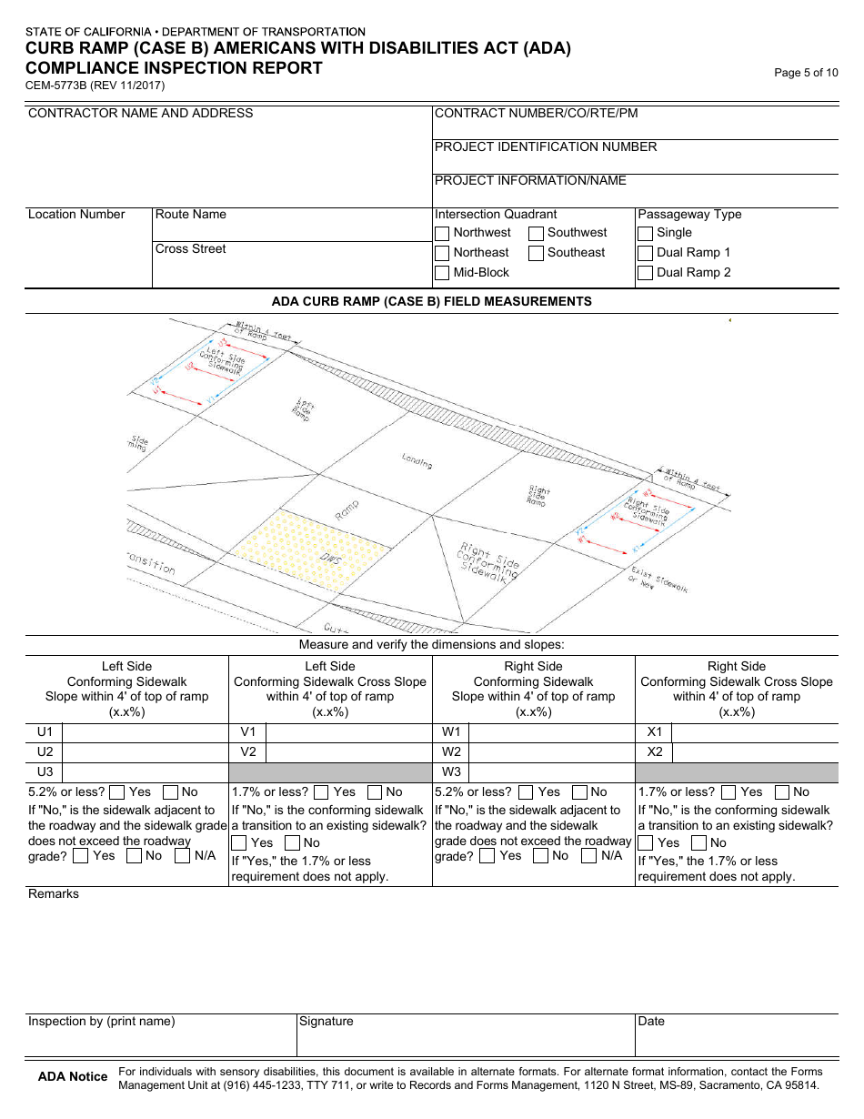 Form CEM-5773B Curb Ramp (Case B) Americans With Disabilities Act (Ada) Compliance Inspection Report - California, Page 5