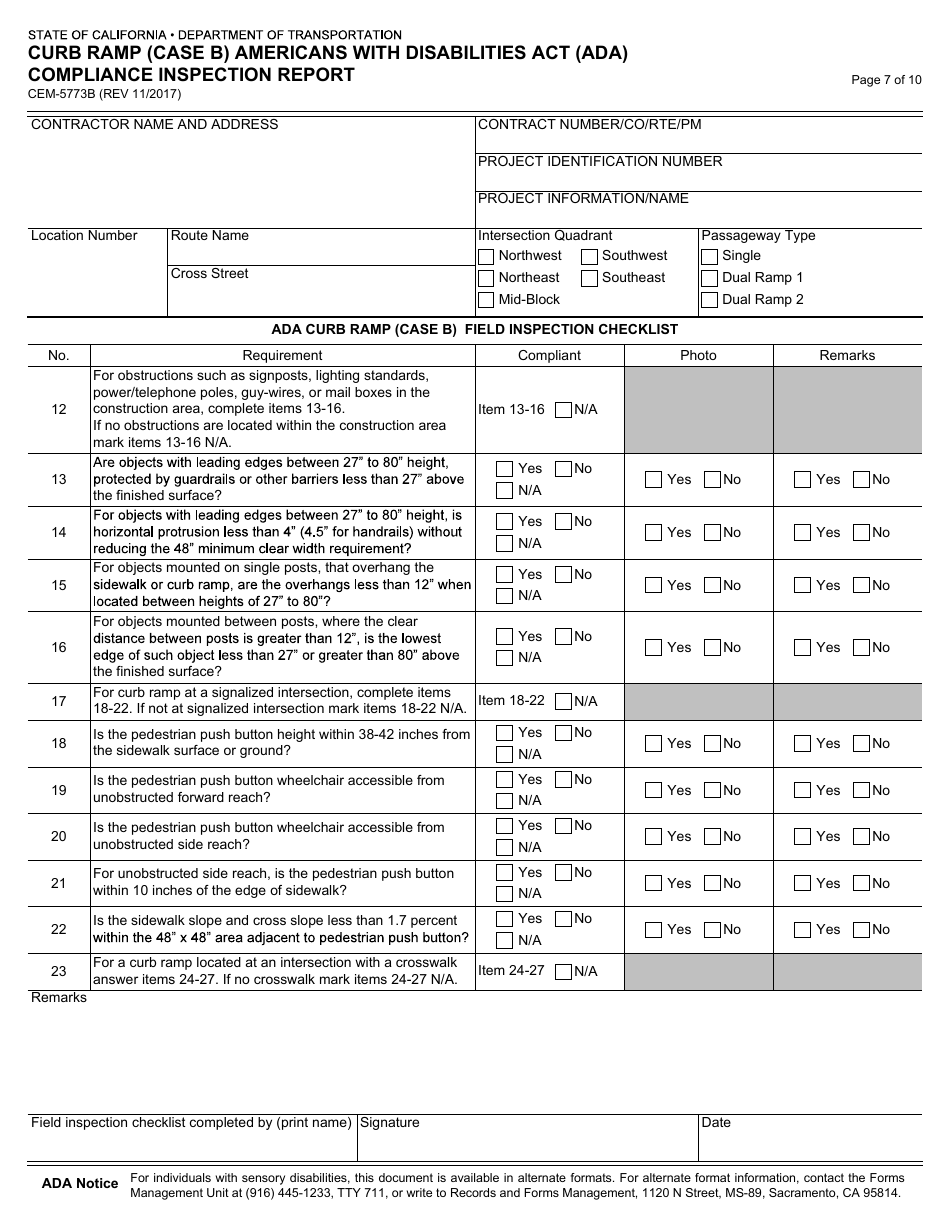 Form CEM-5773B Curb Ramp (Case B) Americans With Disabilities Act (Ada) Compliance Inspection Report - California, Page 7