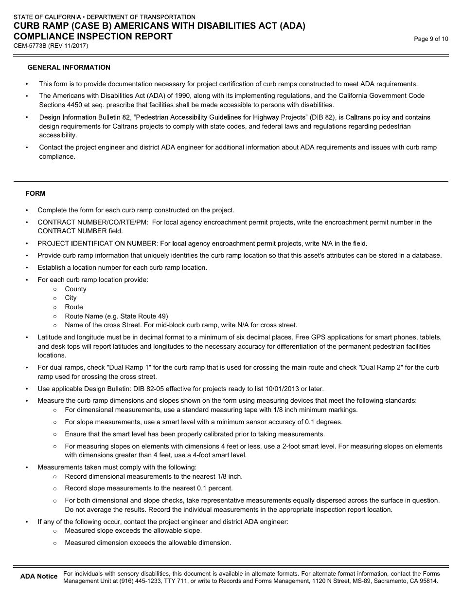 Form CEM-5773B Curb Ramp (Case B) Americans With Disabilities Act (Ada) Compliance Inspection Report - California, Page 9