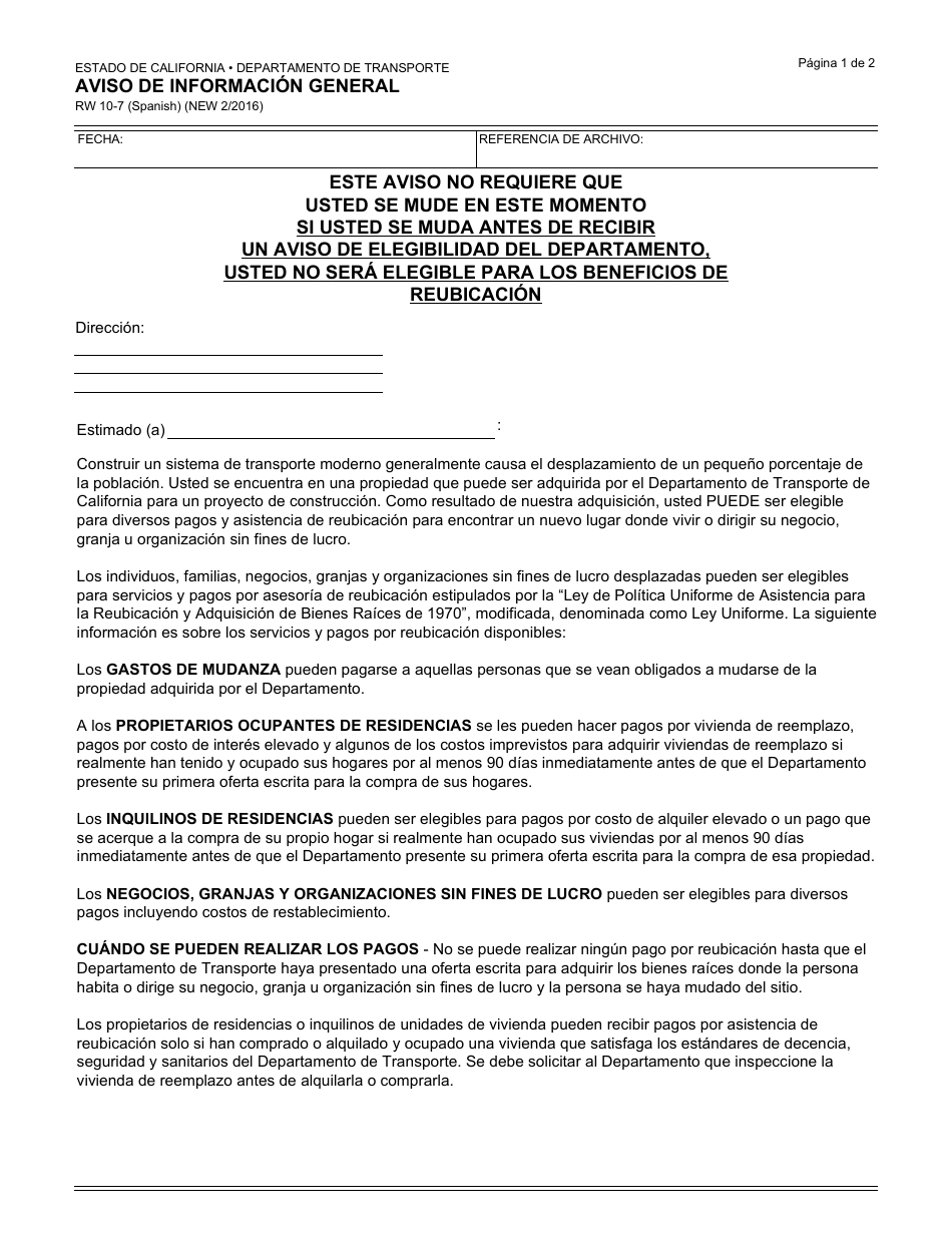 Formulario RW10-7 Aviso De Informacion General - California (Spanish), Page 1