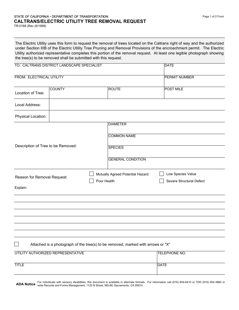 Form TR-0168 Caltrans / Electric Utility Tree Removal Request - California, Page 1