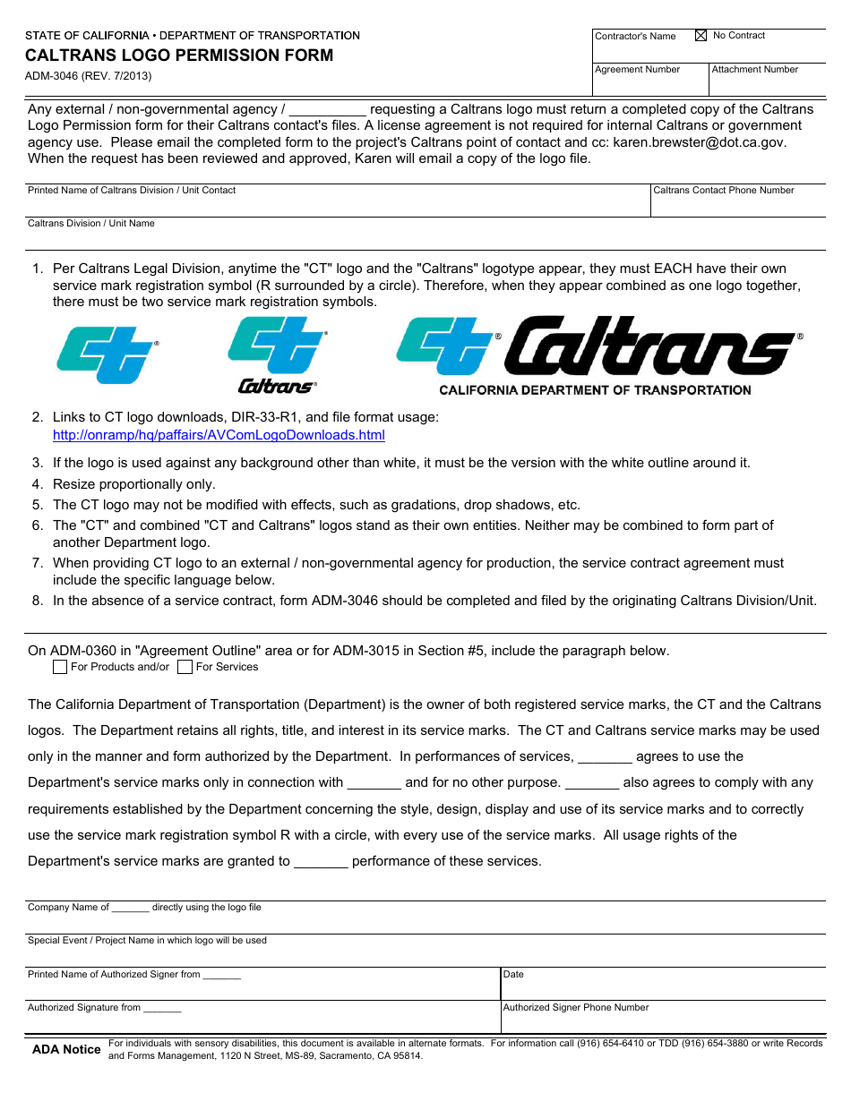 Form ADM-3046 Caltrans Logo Permission Form - California, Page 1