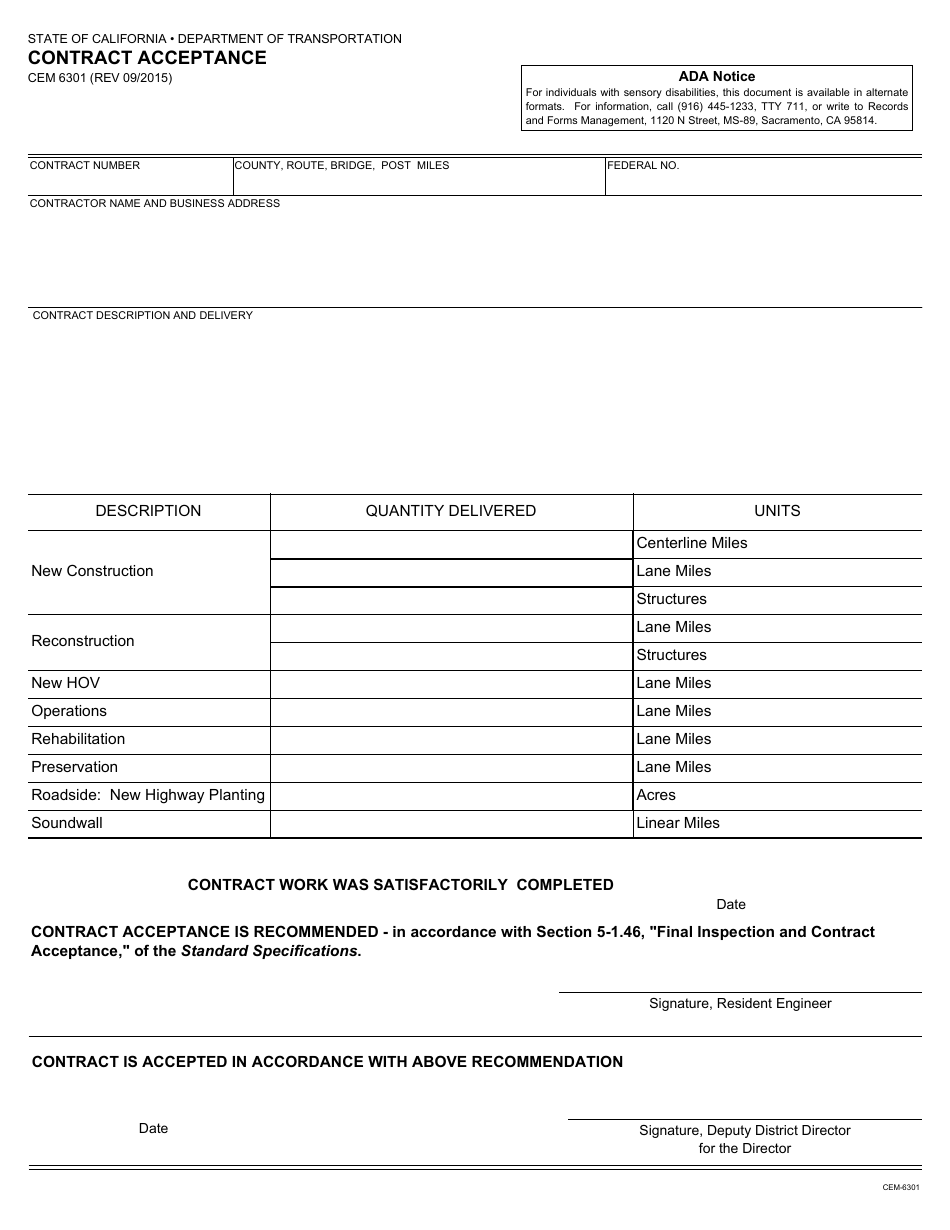 Form CEM-6301 Download Fillable PDF or Fill Online Contract Acceptance ...