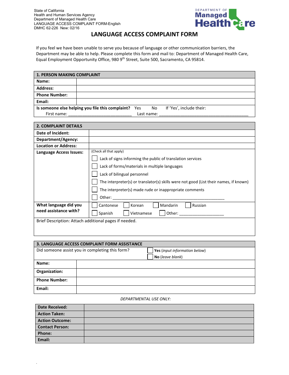Form DMHC62-226 Language Access Complaint Form - California, Page 1