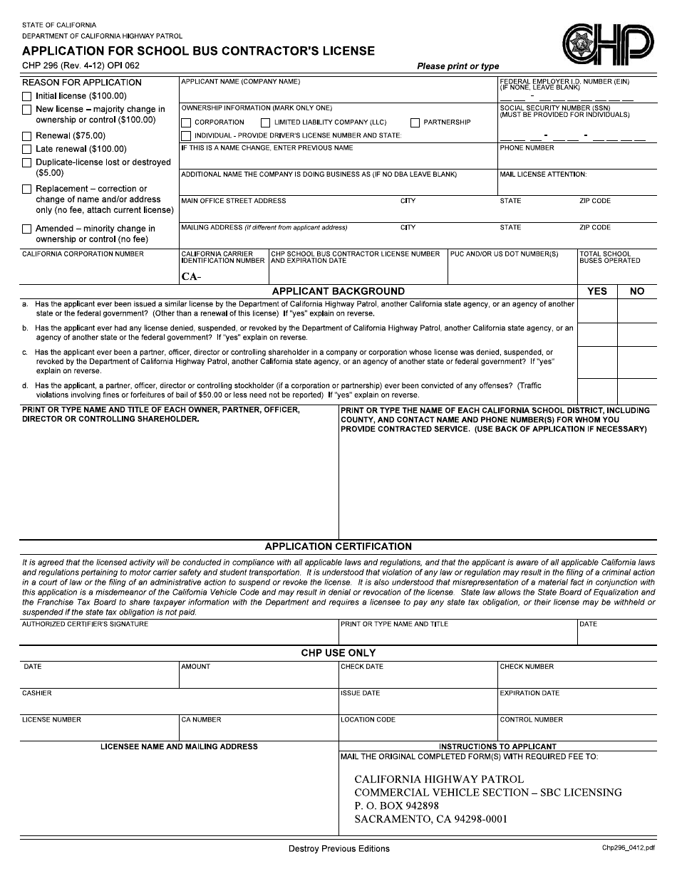 Form CHP296 Application for School Bus Contractors License - California, Page 1