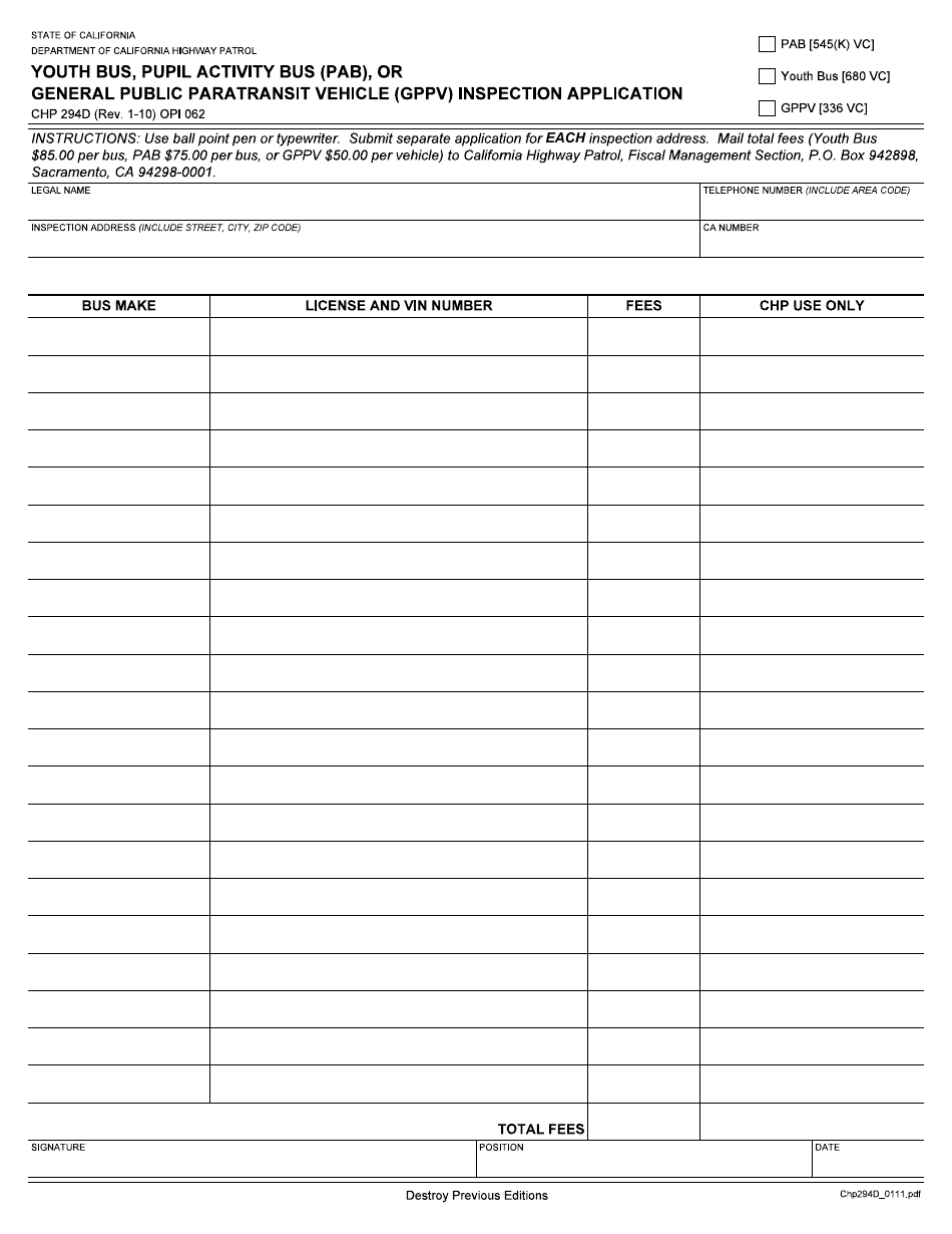Form CHP294D Youth Bus, Pupil Activity Bus (Pab), or General Public Paratransit Vehicle (Gppv) Inspection Application - California, Page 1