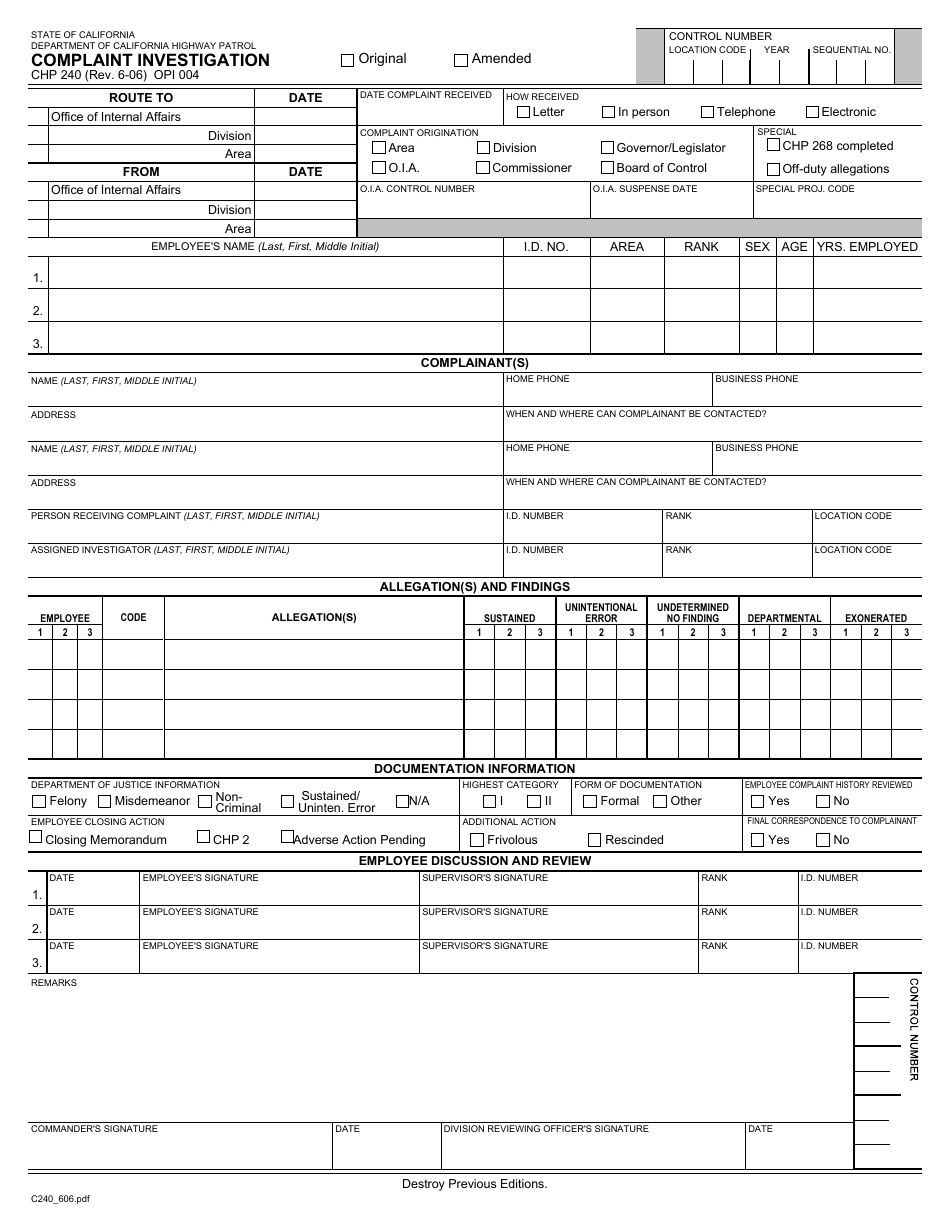 Form CHP240 Complaint Investigation - California, Page 1