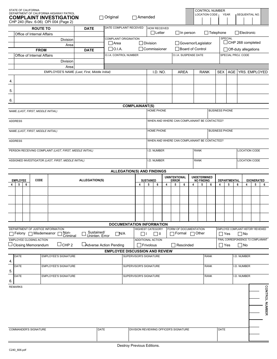 Form CHP240 - Fill Out, Sign Online and Download Fillable PDF ...