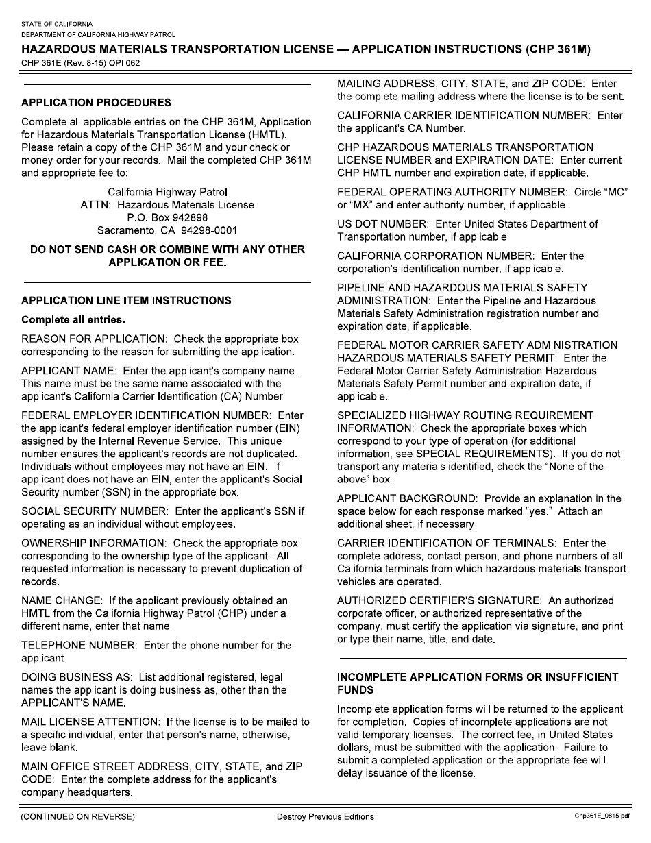 Instructions for Form CHP361M Application for Hazardous Materials Transportation License - California, Page 1