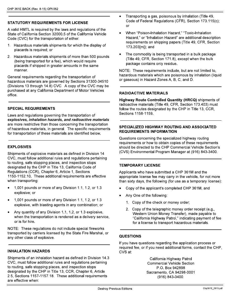 Download Instructions for Form CHP361M Application for Hazardous