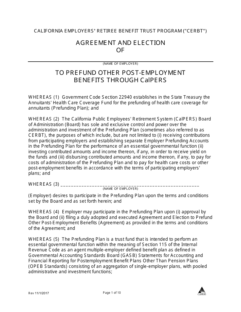 Agreement and Election to Prefund Other Post Employment Benefits Through Calpers - California, Page 1