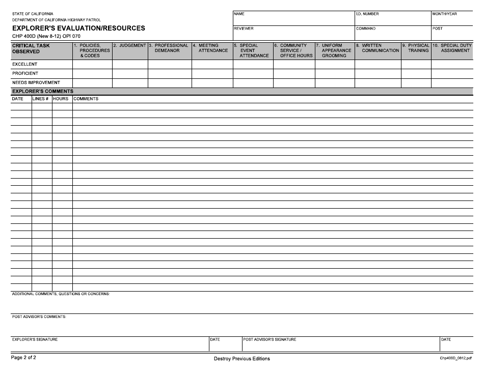 Form CHP400D Explorers Evaluation / Resources - California, Page 2